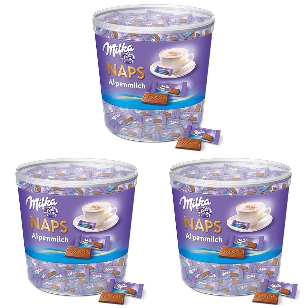 Naps Alpine Milk 1 x 1kg, Mini pătrățele de ciocolată care se topesc în gură din ciocolată fină cu lapte alpină, cutie (pachet de 3)