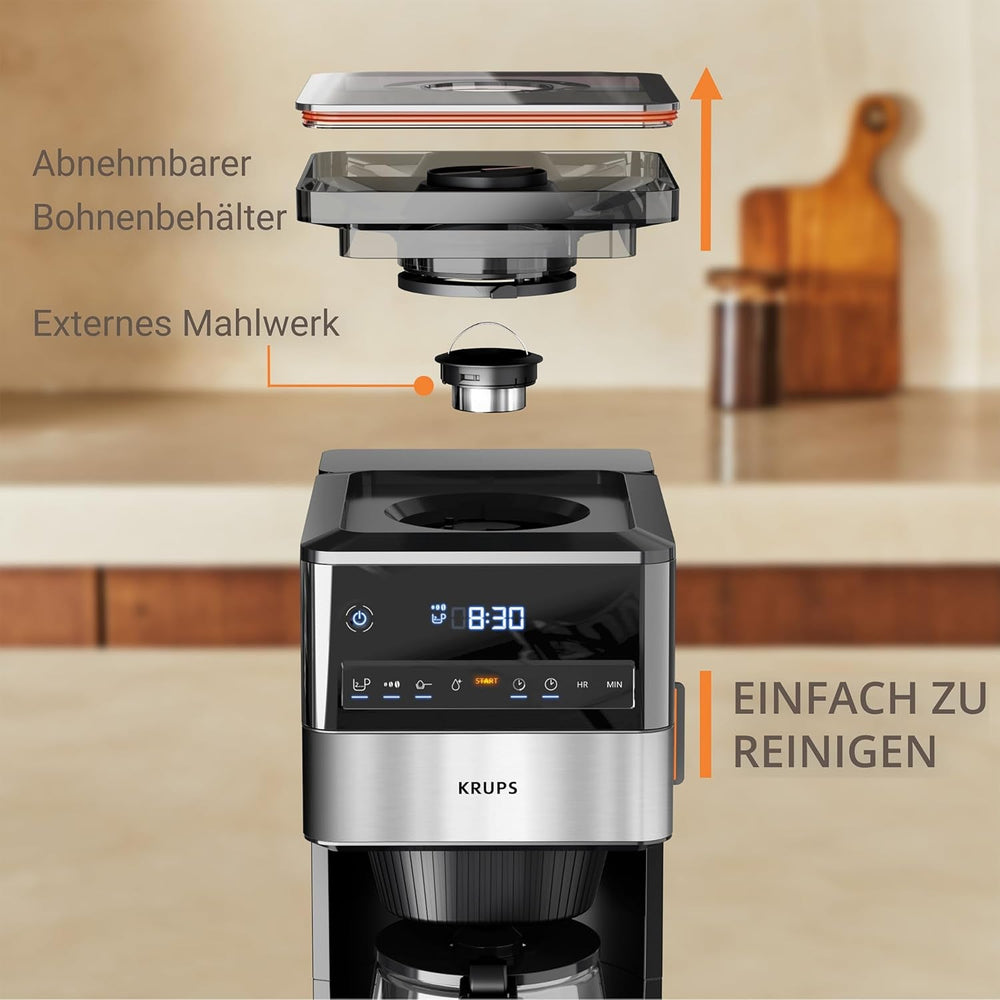 Espressor KRUPS Grind Aroma XL, râșniță conică detașabilă, panou de control digital, capacitate XL (1,5 l), funcție de menținere la cald, carafă din sticlă, negru/oțel inoxidabil, KM842810