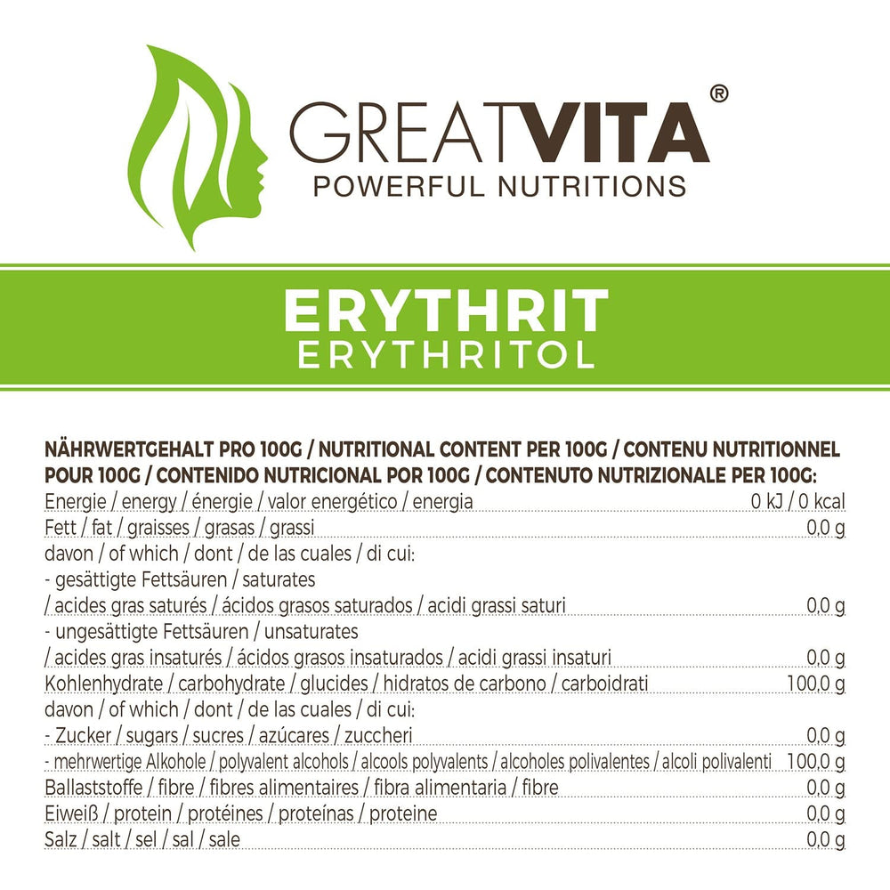 Greatvita Erythrit 1000 G | Kalorienfreies Süßungsmittel & Zucker-Alternative | Zahnfreundlich, Gut Löslich & Glutenfrei | Ideal Für Getränke, Desserts & Backen Indulcitori Naty Shop