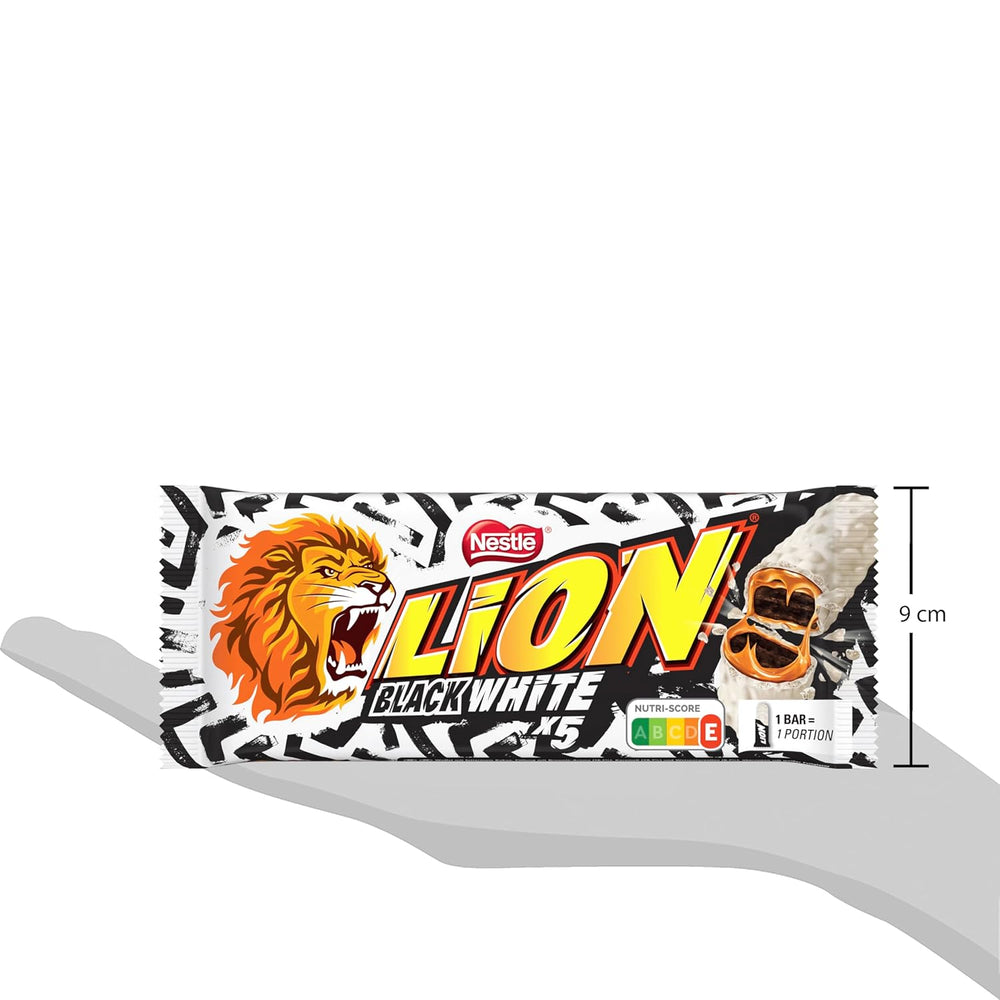 Baton de ciocolată LION Black & White, o gustare cu gust intens, ciocolată crocantă și chipsuri crocante, umplutură de brownie, o experiență unică de îmbucătură, 1 pachet (5 x 30g)