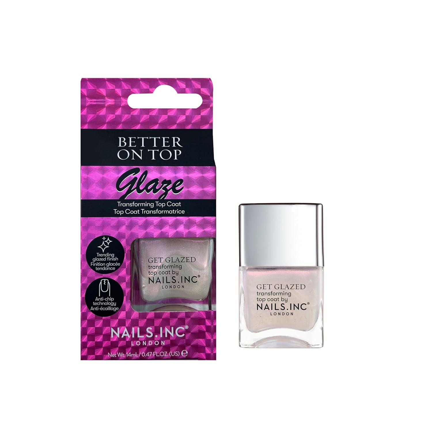 Nails Inc Better On Top, Get Glazed, Lucios, Strălucitor, Strat de unghii, Nu se desparte, De lungă durată, Uscare rapidă, Uscare la aer, Manichiură și pedichiură profesională, Unghii de la mâini și de la picioare, ojă vegană, 14 ml