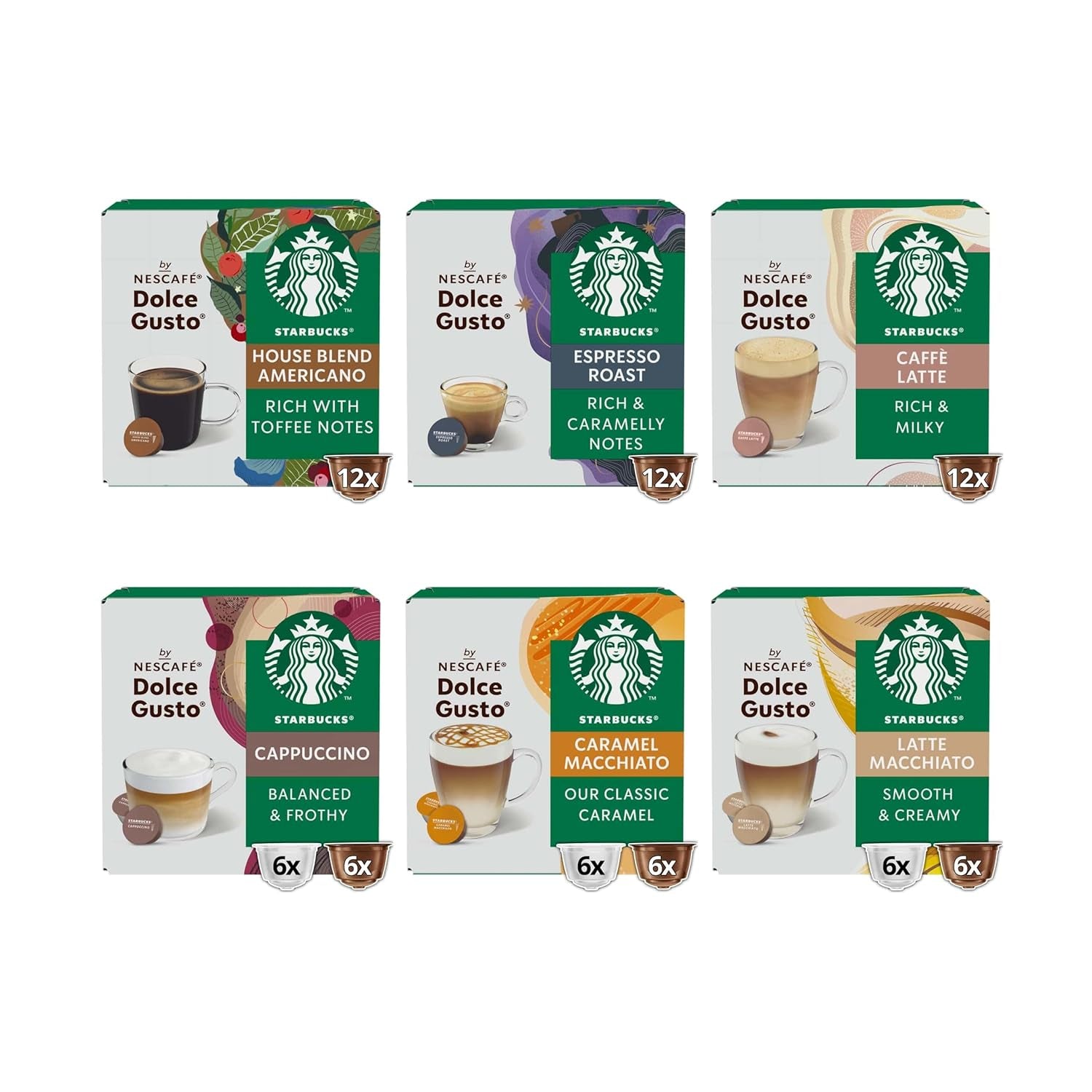 STARBUCKS Probierset, Mixed Cup Variety Pack by Nescafé Dolce Gusto Kaffeekapseln 6 x 12 (72 Kapseln) - Exklusiv bei Amazon