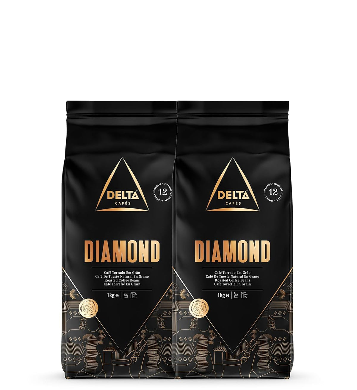 Delta Cafés - Kaffee in Diamantbohne - 2 Packungen à 1 kg - Intensität 8 - Mischung aus Arabica gerösteten Kaffeebohnen und Robusta - Sehr aromatisch mit Noten von gerösteten Nüssen