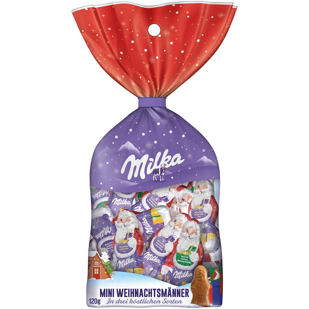 Milka Mini Santas – Mix de lapte alpin, cremă de lapte și alune în ambalaj individual festiv – 120g