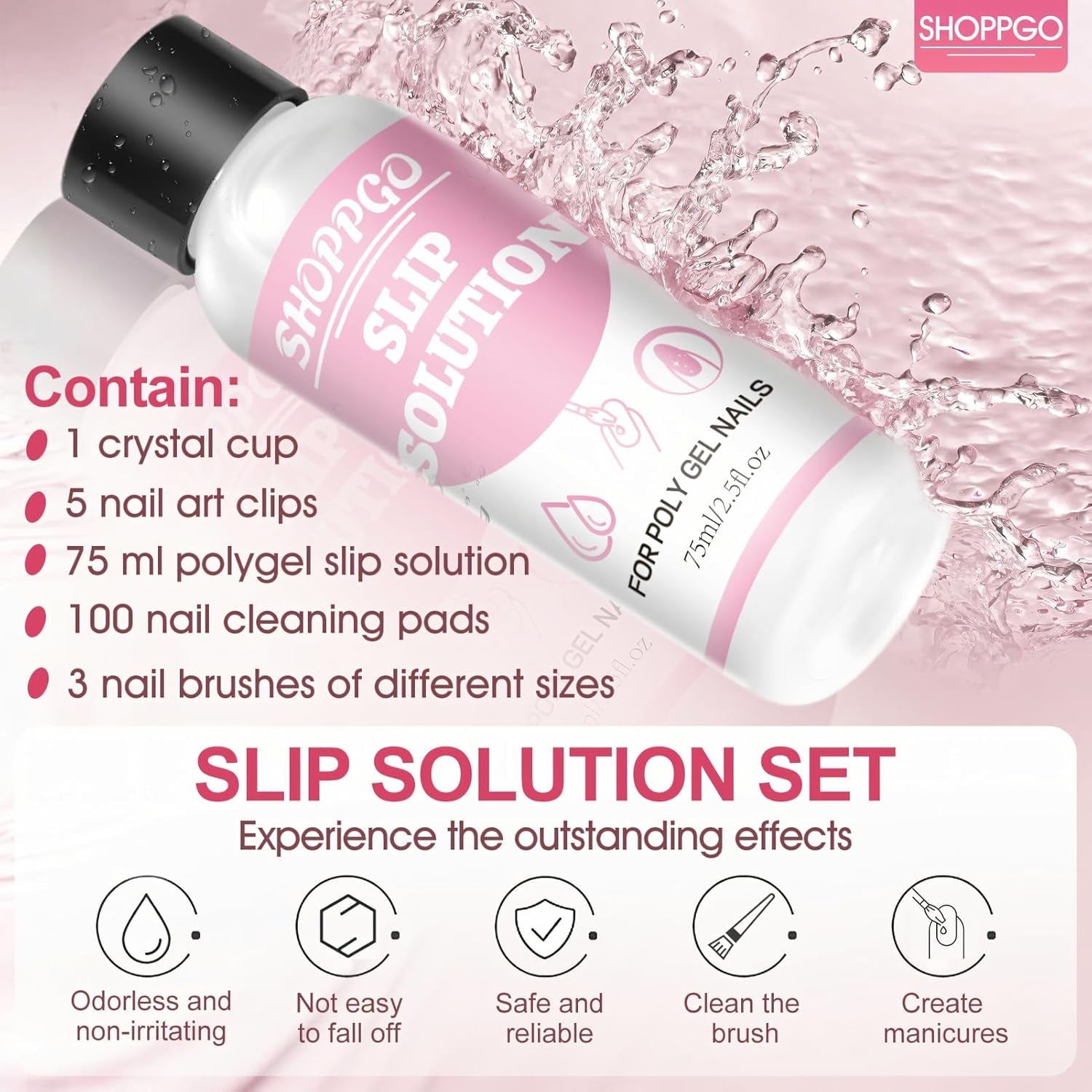 Soluție de îndreptare Polygel, Kit pentru unghii Polygel Slip Solution, Soluție de îndreptare 75 ml, Include 5 cleme pentru vârfuri de unghii, 3 perii de unghii, 1 cupă de cristal, 100 foi de curățare