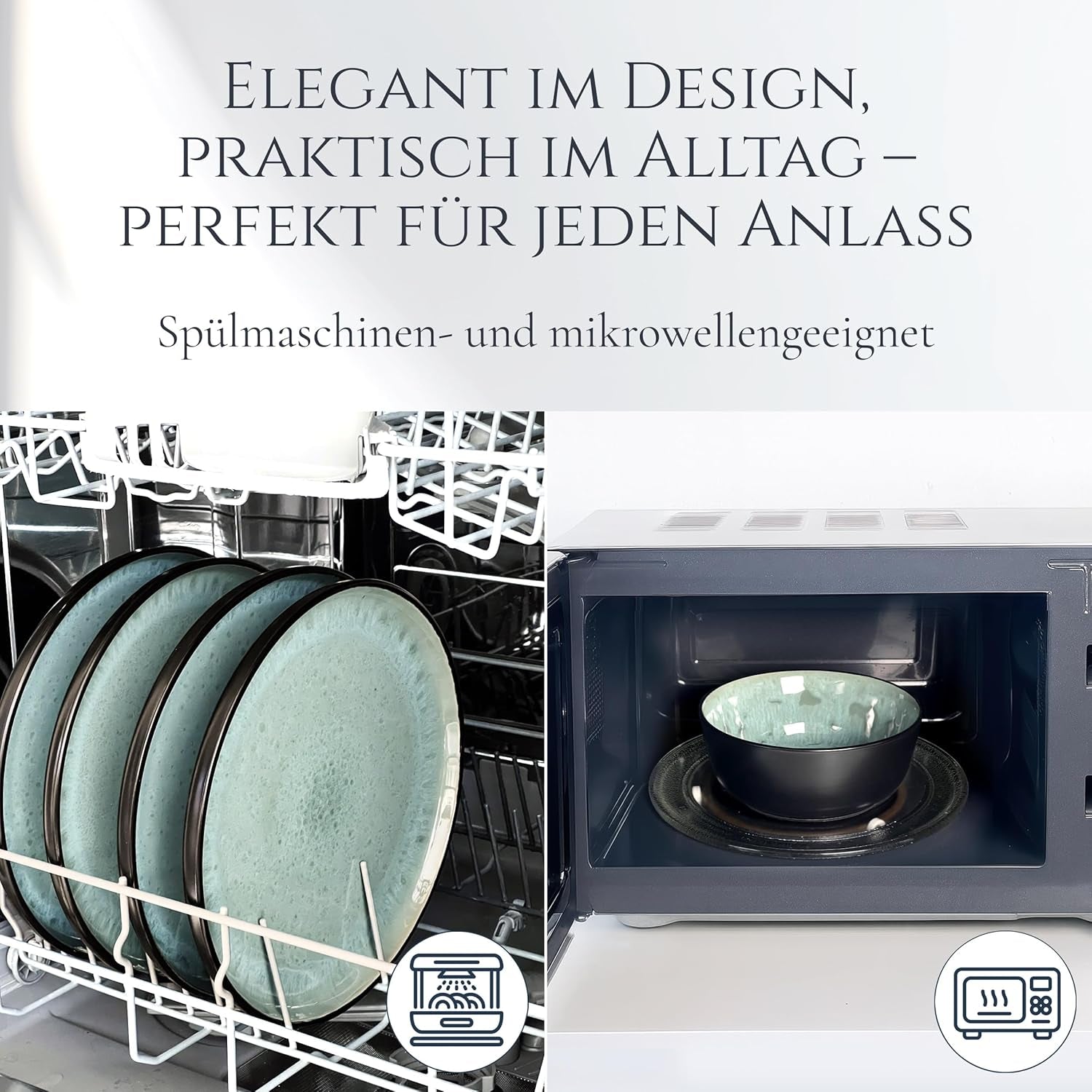 Set de veselă din gresie ceramică, format din 24 de piese, pentru 6 persoane, design Ibiza, CÂȘTIGĂTOR AL TESTULUI. Un set de veselă mediteraneană superb, inclusiv boluri și farfurii. Set de veselă Pure Living, verde salvie.