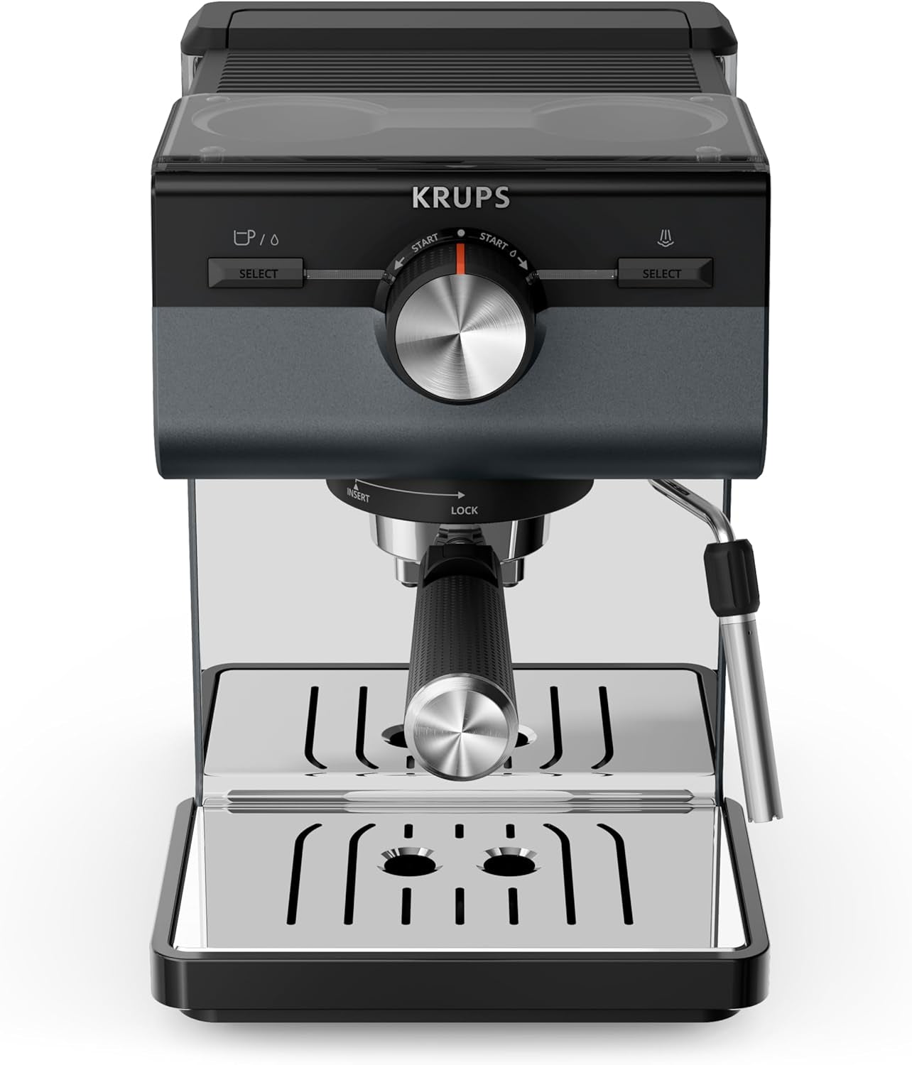 Espressor KRUPS Authentic+, 15 bari, operare intuitivă, design sofisticat, duză de abur, inclusiv accesorii extinse, Bullet Argintiu închis/Oțel inoxidabil, XP384G10