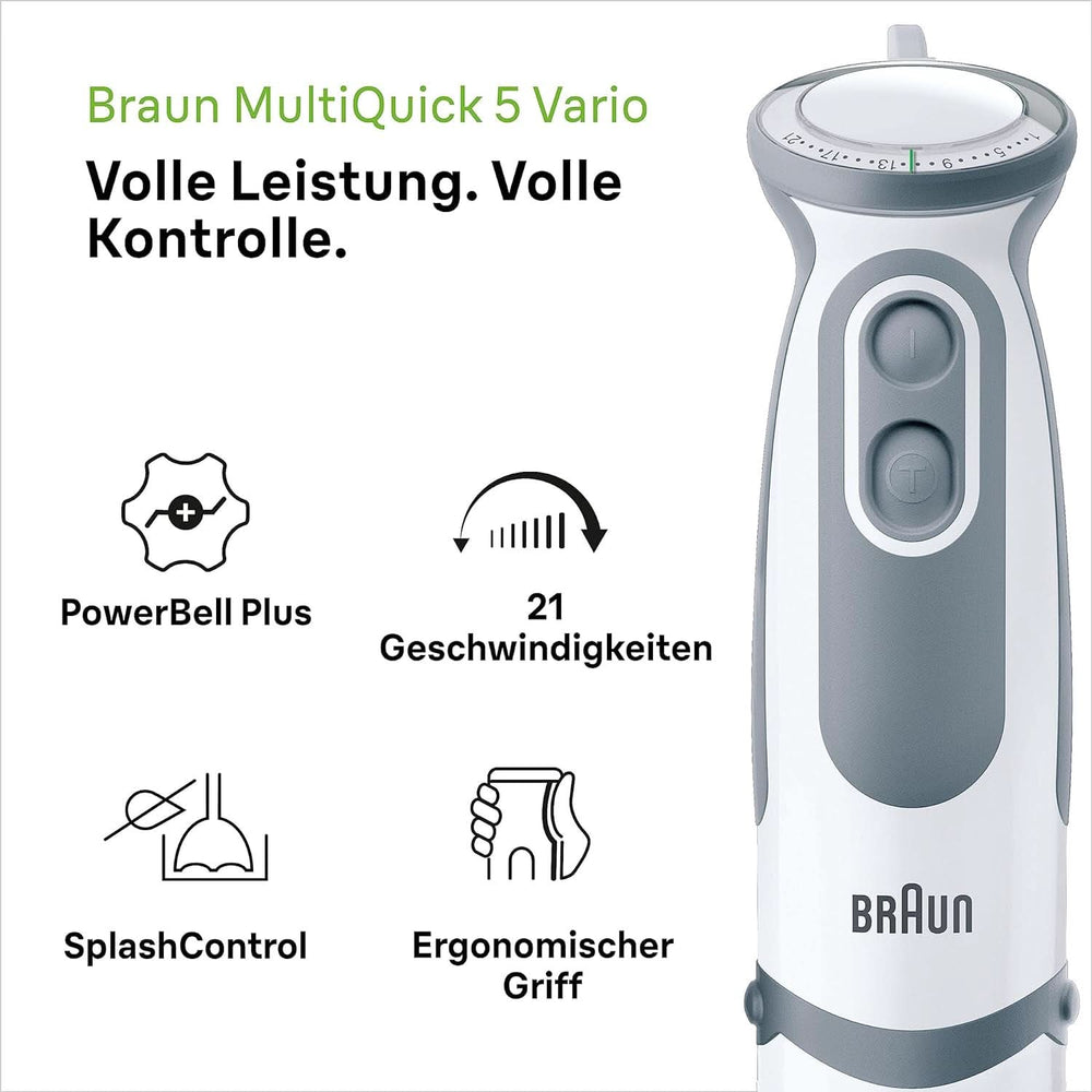 Braun Stabmixer MQ 5200WH - Multiquick 5 Vario Pürierstab Mit Edelstahl Mixfuß, 1000 Watt, Inkl. 600 Ml Mix- & Messbecher, Weiß/Grau Bucatarie Naty Shop