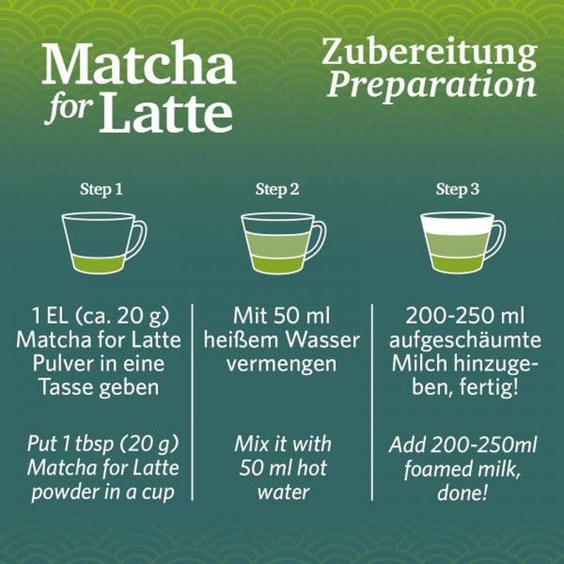 Matcha pentru latte Amestec de ceai verde cu zahăr din trestie, 400 g, vegan, pentru 20 porții