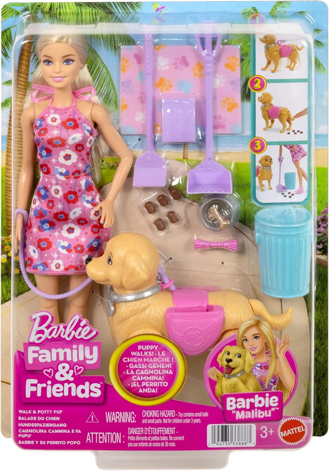 Barbie Hundespaziergang Spielset, enthält einen Spielzeughund, der gehen und Häufchen Machen kann, eine Barbie Malibu-Puppe sowie EIN Kehrset und Hundezubehör, JJB46