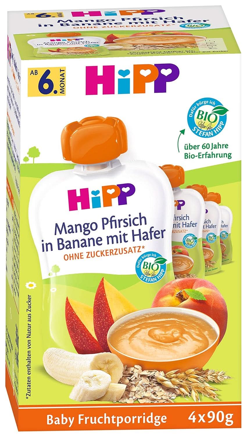 Pungi de stoarcere Hipp pentru bebelusi, terci de fructe, piersici mango in banana cu ovaz, fructe 100% bio fara zahar adaugat, 4 x 4 pungi de 90 g Mama si Copilul Naty Shop 16 x 90 grame Terci de fructe piersici mango in piure de banane cu ovaz