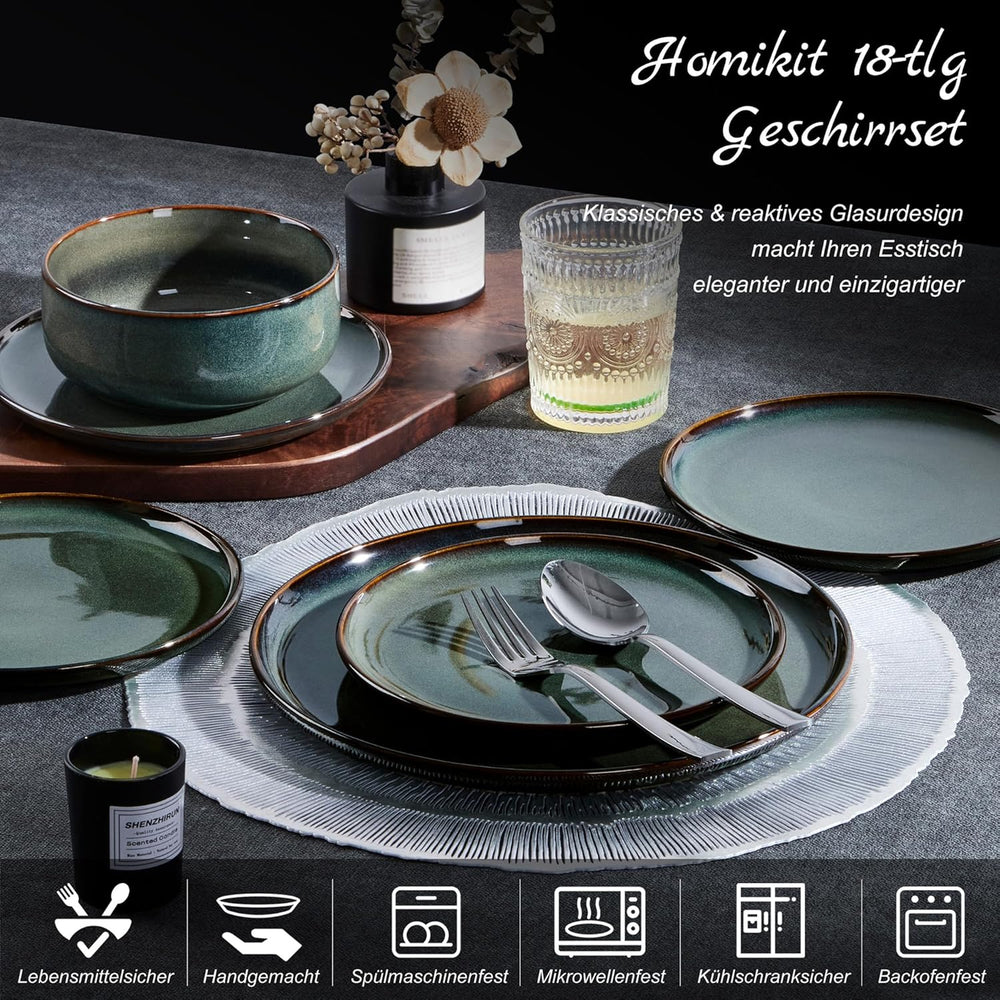 Homikit Geschirrset 6 Personen, 18-tlg Steinzeug Geschirr Set, Reaktive Glasur Tafelservice mit Speiseteller Dessertteller Müslischüsseln, Mikrowellen- und Spülmaschinenfest, Kieferrauchgrün