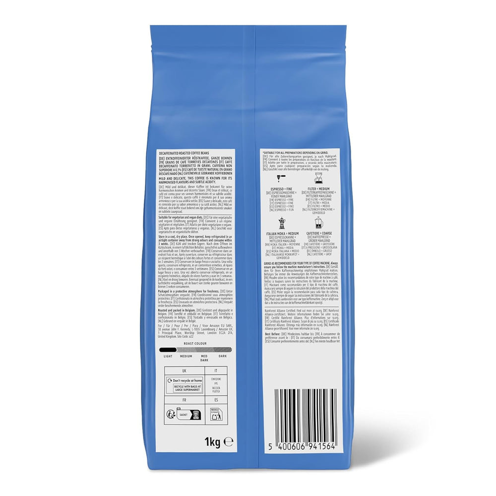 by Amazon Kaffeebohnen, entkoffeiniert, Lichte Röstung, 2 kg (2 Packungen mit 1 kg), Rainforest Alliance zertifiziert