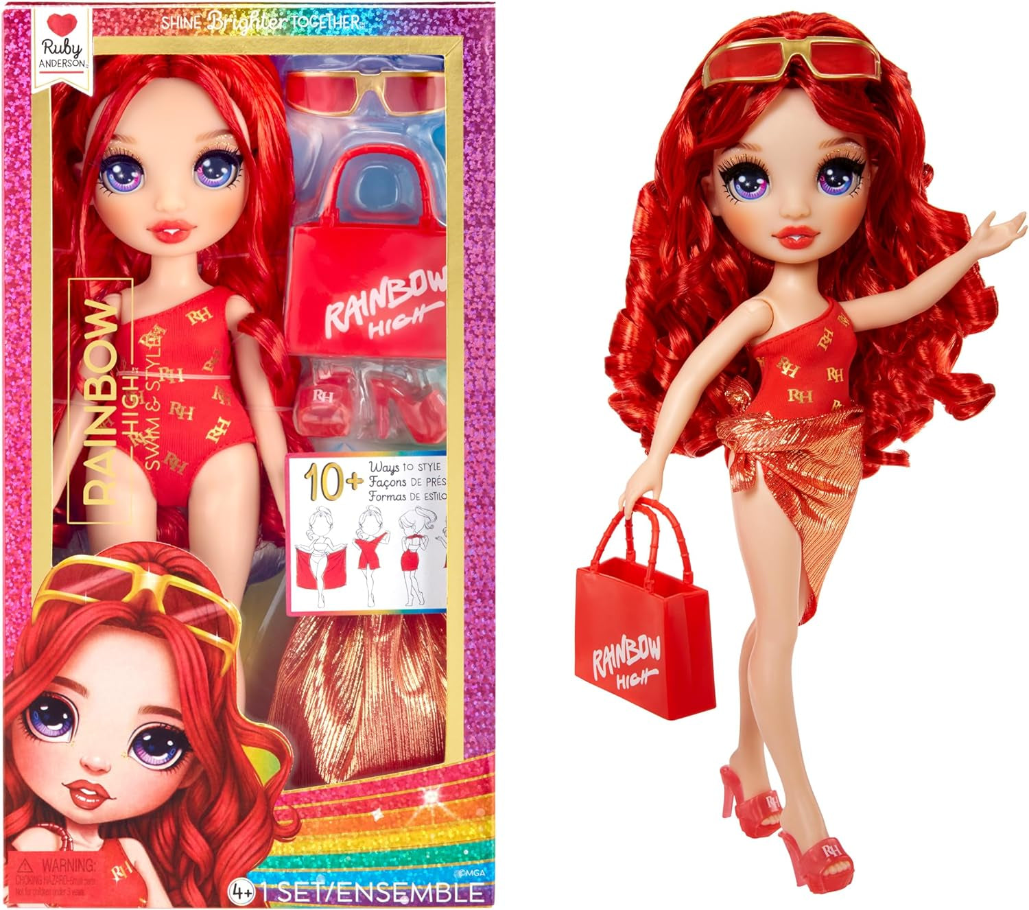 Rainbow High Swim & Style - Ruby (roșu) - păpușă înaltă de 28 cm cu pareo strălucitor, poate fi purtată în 10+ moduri - costum de baie extensibil, sandale, accesorii de joacă - jucărie - ideală pentru 4 până la 12 ani Papusi Naty Shop Rubin