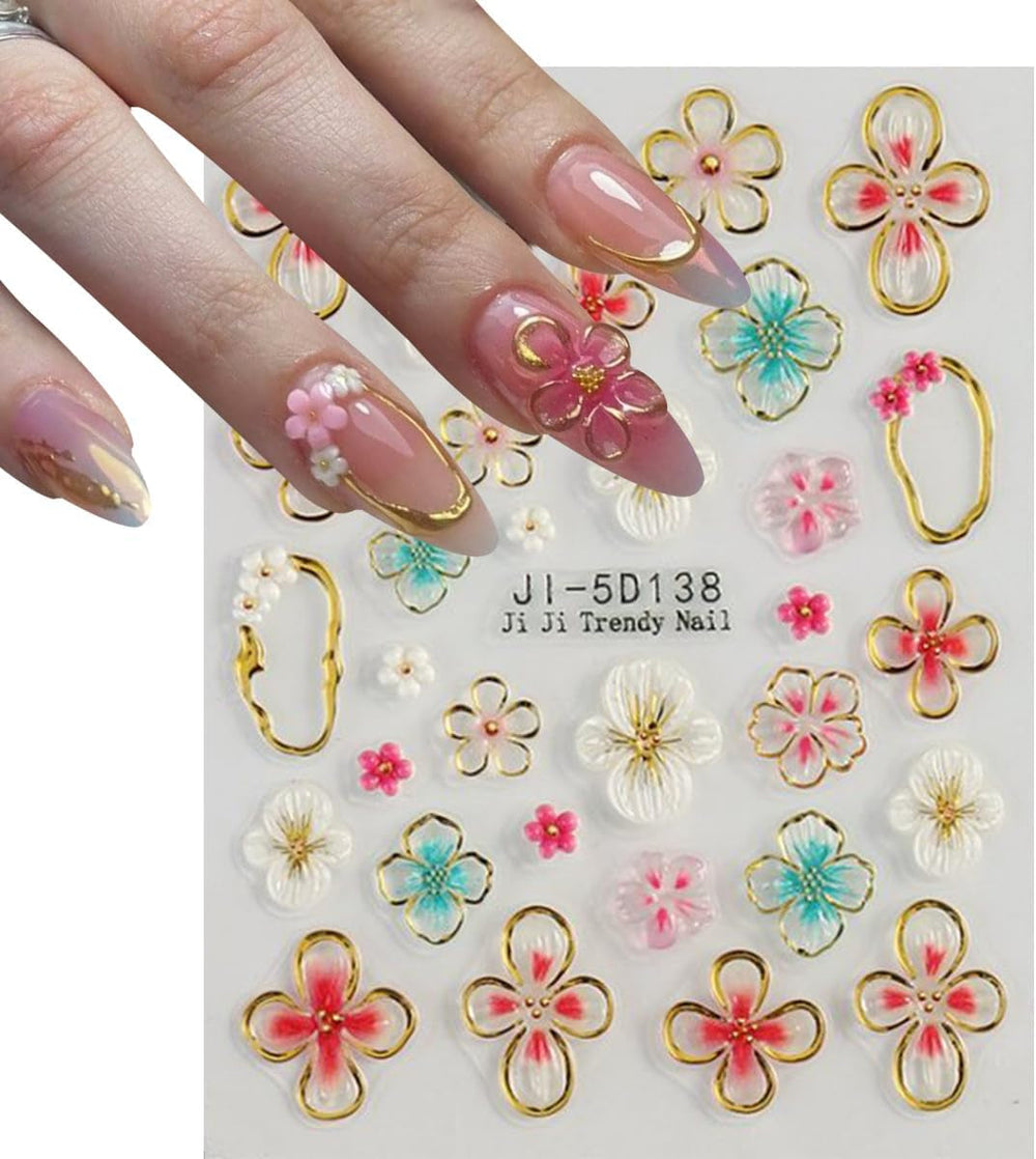 JMEOWIO 3D Nagelsticker Colorful Flower Nail Art Sticker Selbstklebend Nagelaufkleber 5D Stereoskopisch Spring Summer Floral Dekoration Nageldesign Zubehör 4 Blatt