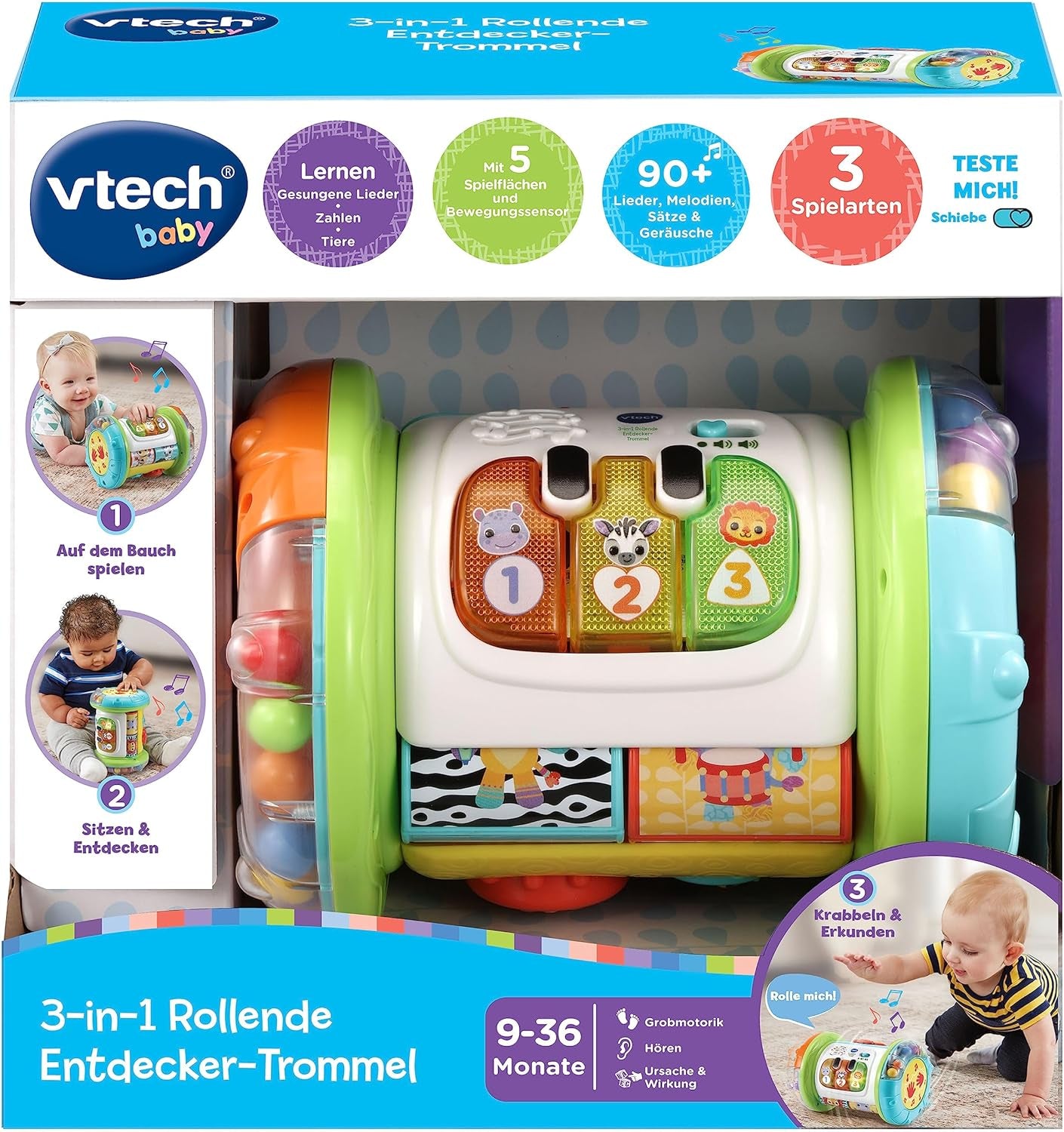 VTech Baby 3-in-1 Rolling Explorer Drum - Jucărie interactivă pentru copii cu muzică - Pentru copii cu vârsta cuprinsă între 9-36 luni Jucarii Bebe Naty Shop