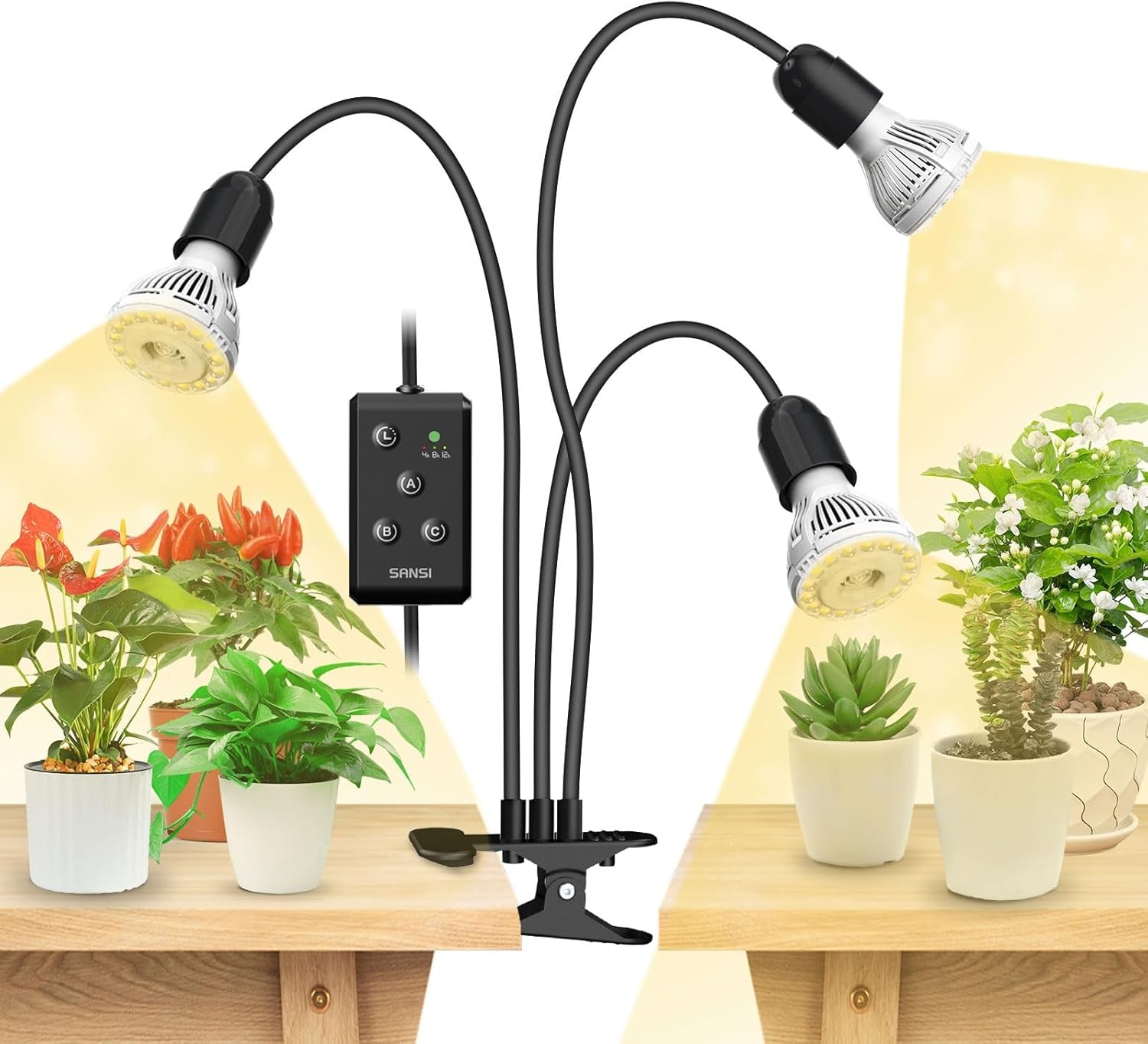 Lampă LED SANSI pentru plante de interior, lampă de creștere cu 2 capete, spectru complet de 10W (echivalent 150W), temporizator 4/8/12 ore, lumină suspendată pentru plante de interior, seră, hidroponică