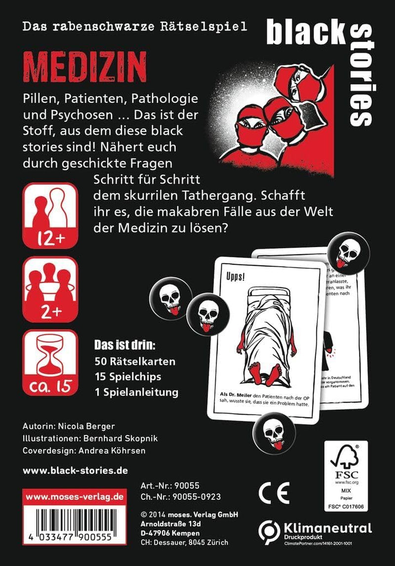 Moise. Black Stories Medicine - 50 de puzzle-uri cu cazuri din lumea medicinei, un joc de cărți despre crime cu variante de joc și jetoane de punctaj, un joc de puzzle pentru adolescenți și adulți.