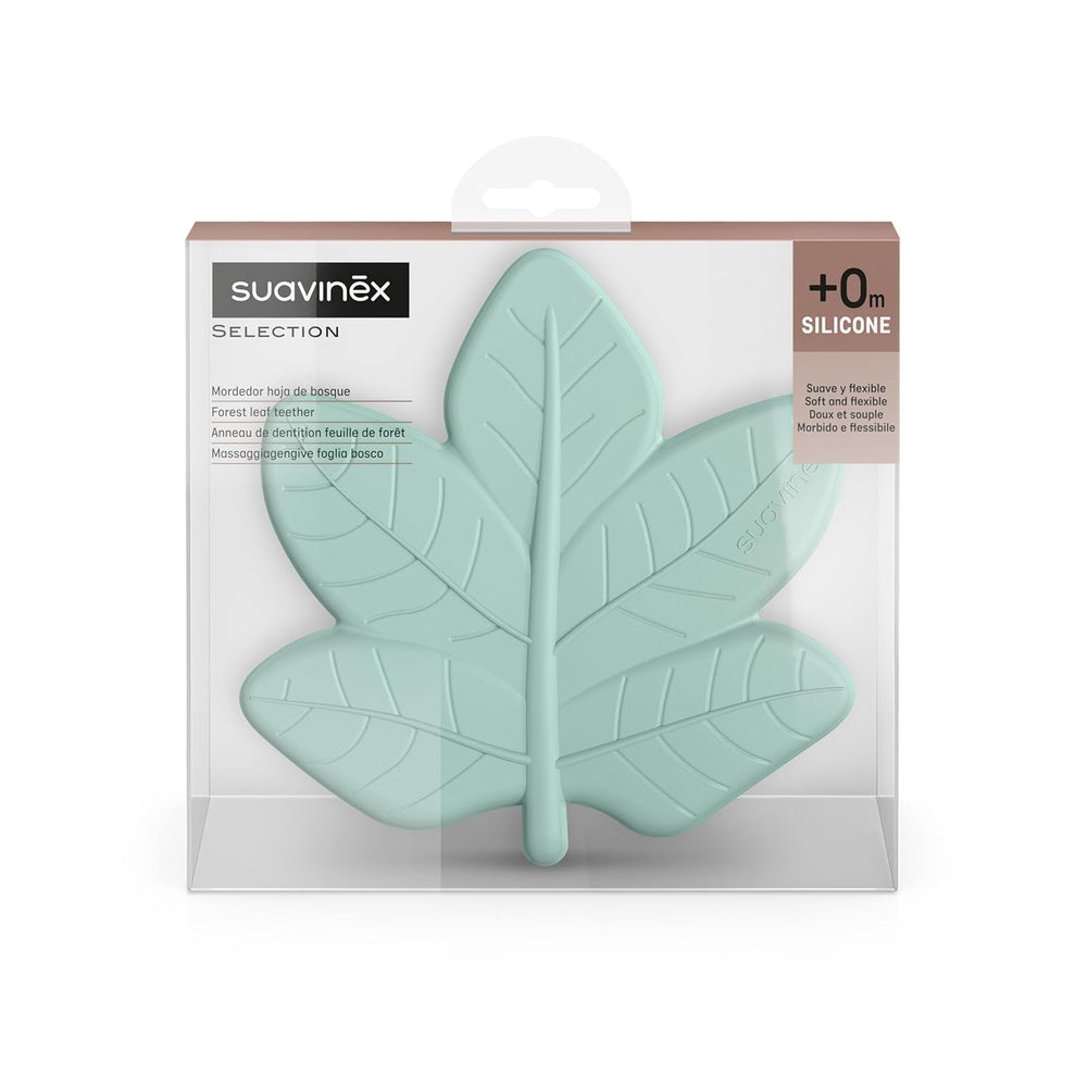 Suavinex, inel de dentiție din silicon dintr-o singură bucată. Moale, flexibil, sigur. Calmează și ameliorează gingiile bebelușului. Ergonomic, ușor de prins, cu textură/ușurare. Design cu pădure, Poezie, Verde