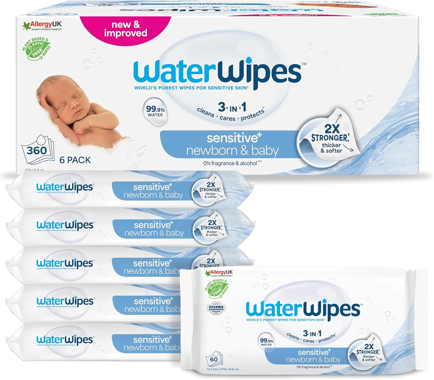 Șervețele umede WaterWipes Sensitive+ pentru nou-născuți și bebeluși, 540 bucăți (9 pachete), curățare, îngrijire, protecție 3 în 1, 99,9% apă, fără parfum