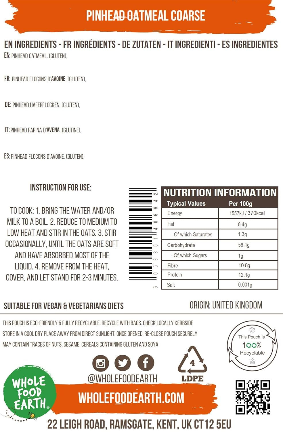 Fulgi de ovăz Wholefood Earth Pinhead, stabilizat grosier, 3 kg | Fără OMG | Bogat în fibre