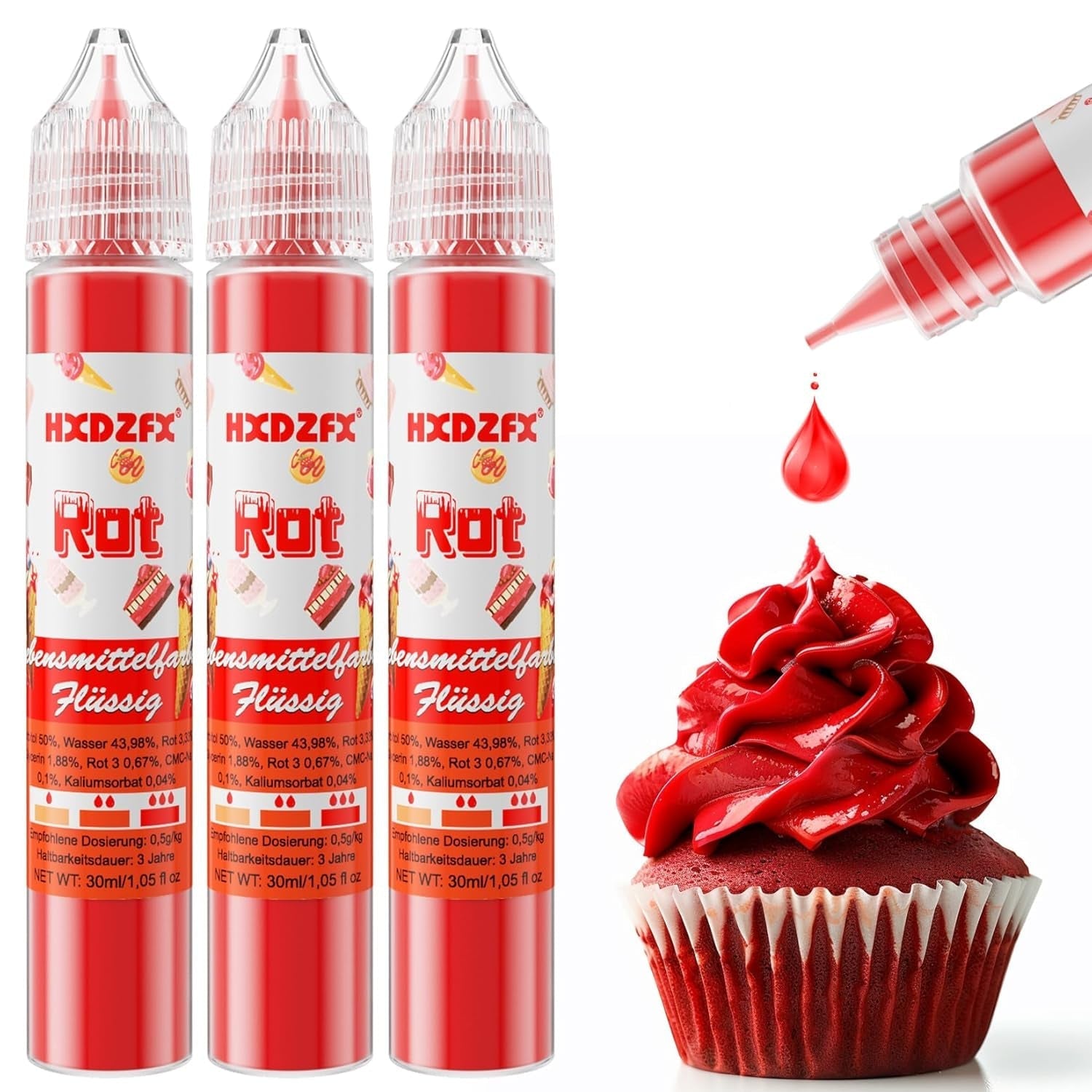 Colorant alimentar - Colorant alimentar lichid, Colorant alimentar foarte concentrat, Coloranți alimentari lichizi pentru copt, Decorare tort, Fursecuri, Macarons, Ouă de Paște, Aluat - 3 × 30ml (Roșu de Crăciun)