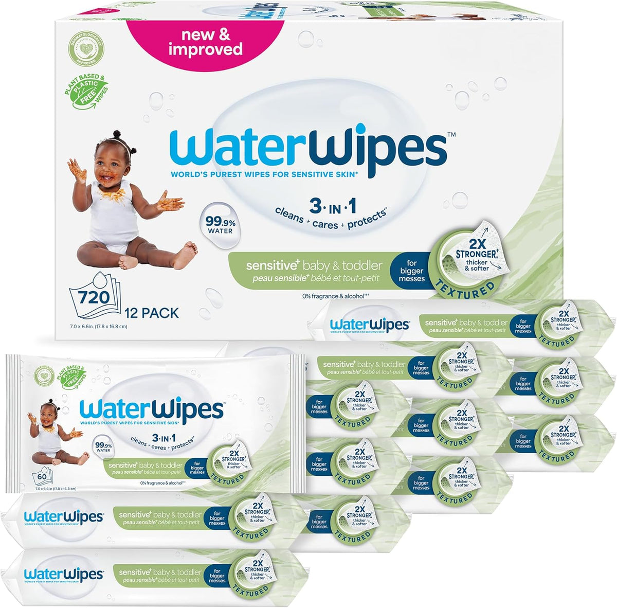 Șervețele umede WaterWipes Sensitive+ pentru bebeluși și copii mici, 720 bucăți (12 pachete), curățare 3 în 1, îngrijire, protecție, 99,9% apă, curățare texturată, fără parfum