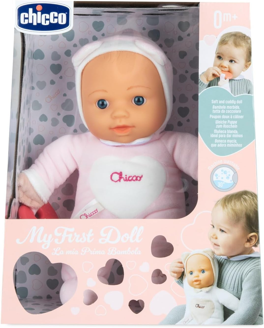 Chicco Meine erste Puppe Spielzeug, Kuschelpuppe mit weichem Beißherz, weich und leicht, Babyspielzeug, maschinenwaschbar, 0 Monate Plus, Rosa