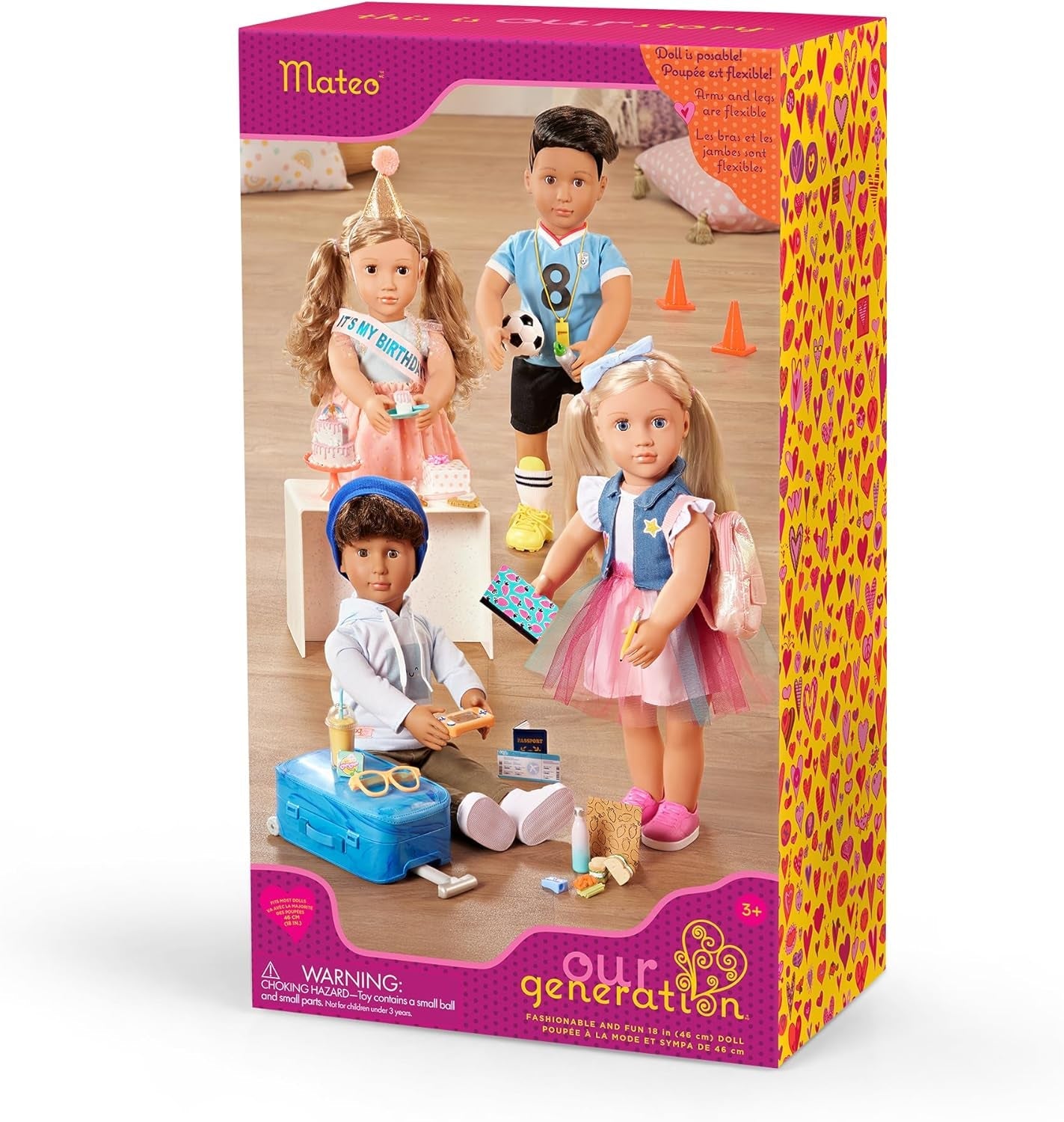 Our Generation - Mateo - Bewegliche 46 cm Junge Puppe - Lebensechte braune Augen & Zickzack-Haarschnitt-Liniendesign - Fußballtrikots & Zubehör - Spielzeug für Kinder ab 3 Jahren