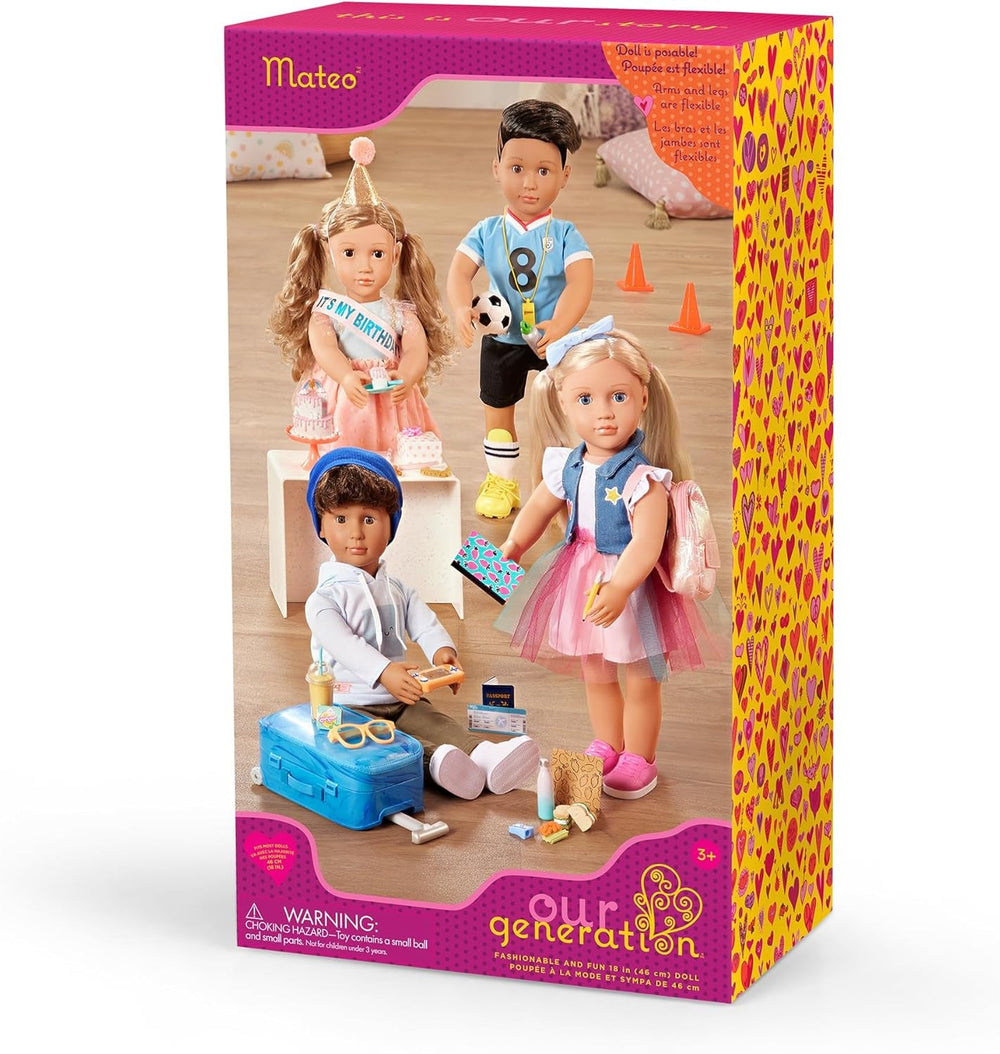 Our Generation - Mateo - Bewegliche 46 cm Junge Puppe - Lebensechte braune Augen & Zickzack-Haarschnitt-Liniendesign - Fußballtrikots & Zubehör - Spielzeug für Kinder ab 3 Jahren