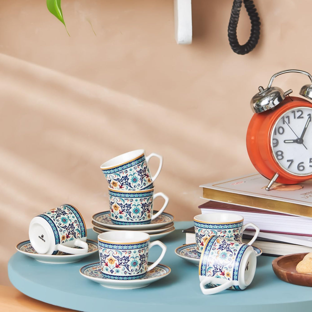 KARACA Beylerbeyi - Set de cești de cafea turcească, 12 piese, Set de 6 cești de espresso din porțelan cu farfurioare, Set de cești de espresso de 80 ml, Design tradițional - Albastru