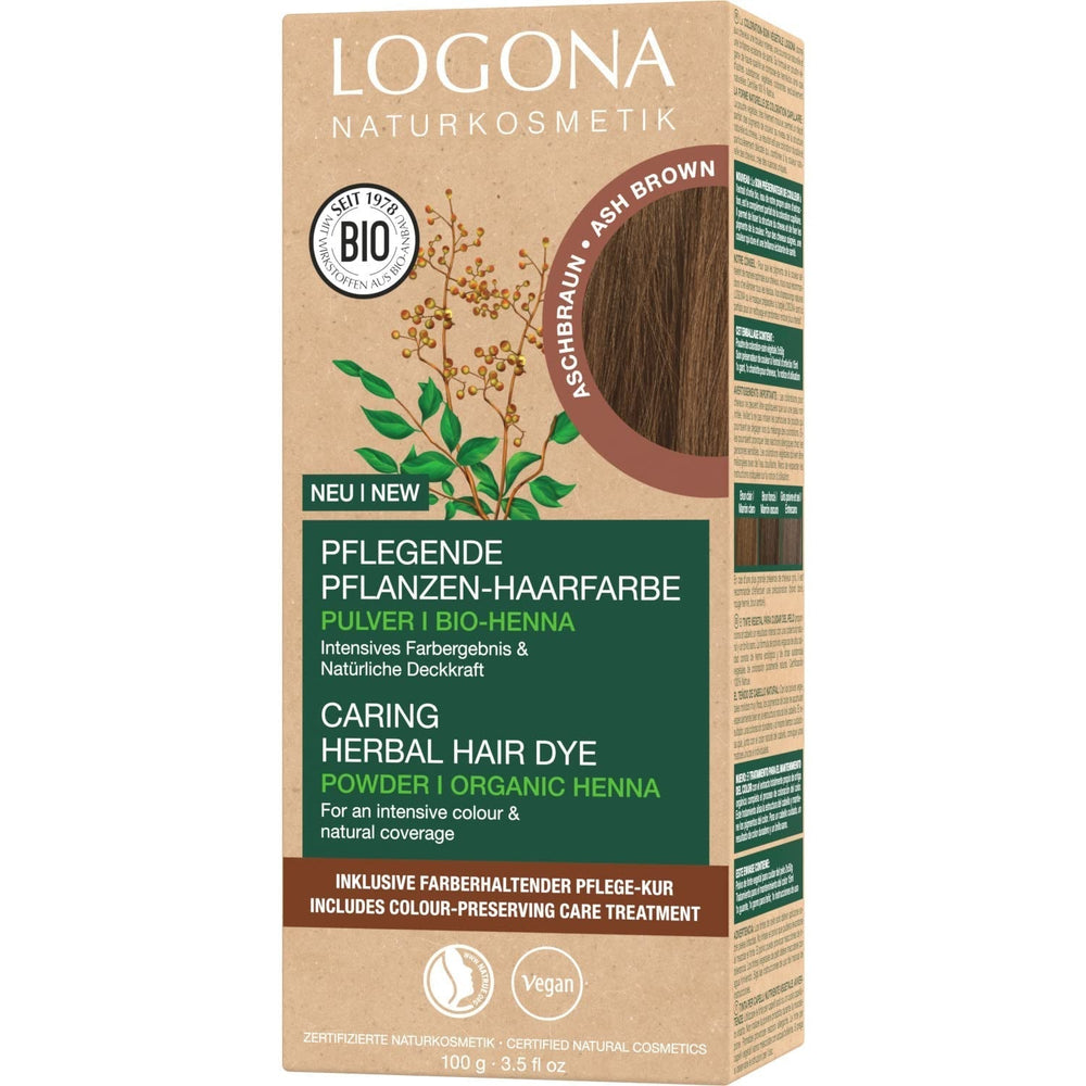 LOGONA Natural Cosmetics Vopsea de păr hrănitoare pe bază de plante, vopsea de păr vegană pudră cu henna organică pentru culoare intensă și strălucire, vopsea de păr pe bază de plante în blond cupru (blond), 1 x 100g Vopsea pentru par Naty Shop Maro cenușă 100 G (1 pachet)
