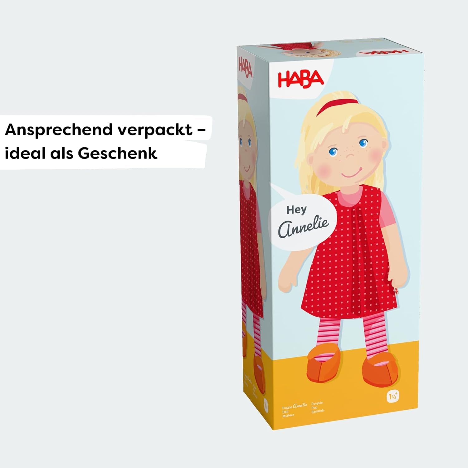 HABA Stoffpuppe Annelie – Weiche Puppe mit Haaren zum Stylen – Mit wechselbarer Kleidung – Ab 18 Monaten – 30 cm – Waschbar – 1302108001