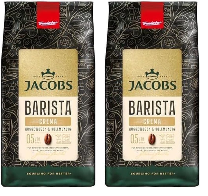 Boabe de cafea Jacobs Barista Crema 1kg – Echilibrate, note citrice, nuci, boabe Arabica și Robusta, intensitate 5/10, ideale pentru Caffè Crema (pachet de 2)