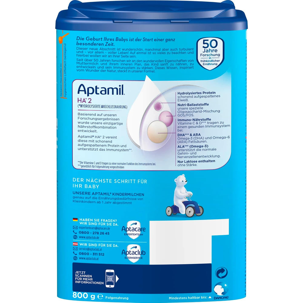 Aptamil HA 2 – Formulă de continuare după 6 luni, cu Omega 3 și 6, DHA, ARA și ALA, Fără lactoză, Fără ulei de palmier, Hrană pentru bebeluși, Lapte praf, 1 x 800g (Pachet de 4)
