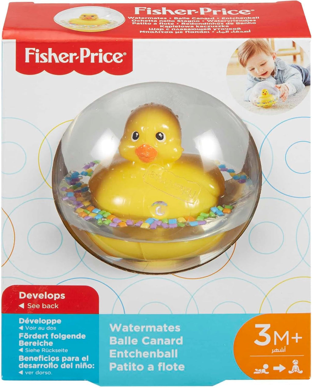 Fisher-Price WaterMates minge rățușcă, rață amuzantă în minge cu confetti, jucărie pentru copii, minge de joacă, jucărie de baie, de la 3 luni, 75676 Jucarii Bebe Naty Shop