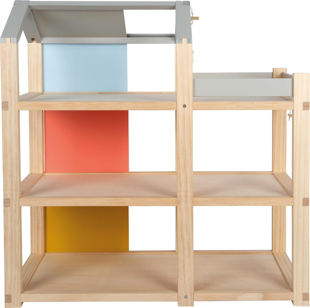 Casă de păpuși din lemn Small Foot, culori naturale – cu 3 etaje, terasă pe acoperiș și set de mobilier cu 51 de piese, încurajează jocul creativ, potrivită pentru vârste de la 3 ani în sus, 12541