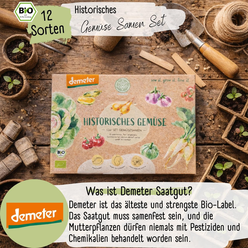 Set de semințe de legume organice - 12 varietăți de semințe de legume Demeter | Semințe de legume rare și de familie, toate polenizate liber | Soiuri de legume de familie pentru balcoane, paturi înalte, grădini și cadou | Loveplants