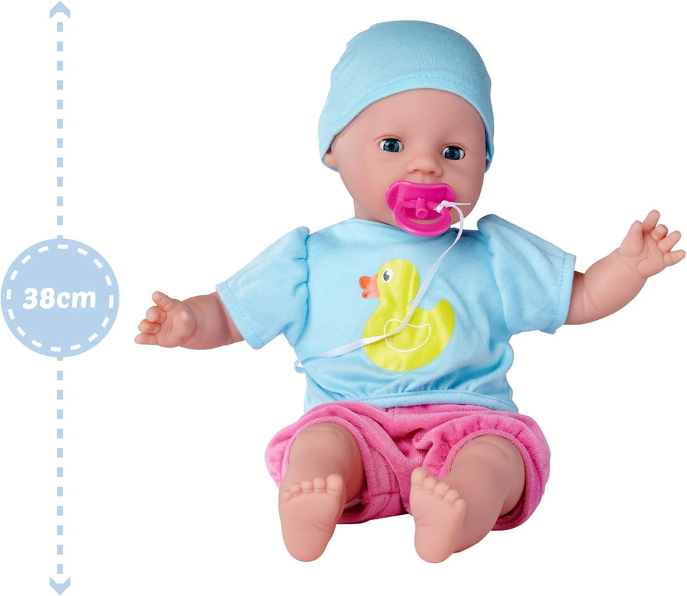 Simba 105010964 - Laura Hungry, Weichkörperpuppe mit Schnuller, magischem Löffel, Trinkfläschchen mit verschwindendem Inhalt und Tellerchen, 38cm, Babypuppe ab 2 Jahren