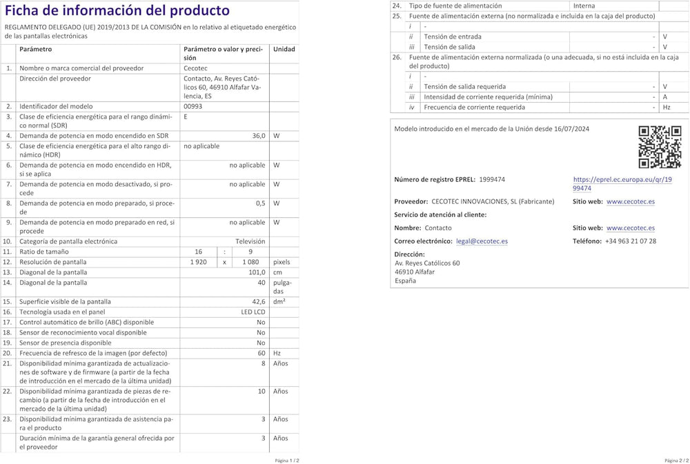 Televizor Cecotec - televizor LED de 40 de inci, rezoluție Full HD - Seria 0 0040. Sistem Dolby, tuner DVB-T/T2/C/S/S2, difuzoare de 16 W, 3 porturi HDMI și 2 porturi USB, memorie flash