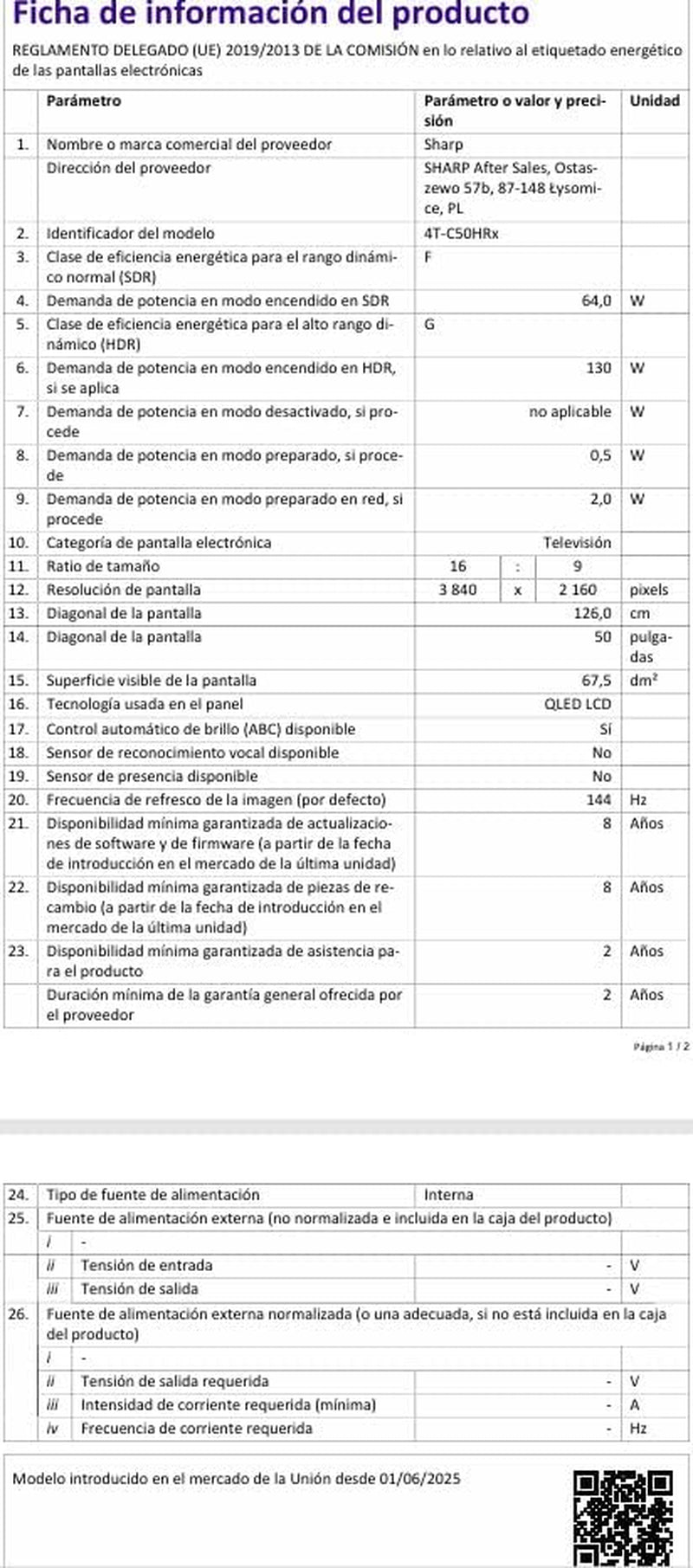 SHARP 50HR7365E – Google TV, 50" UHD, fără ramă, 144 Hz, QLED, HDR10, Dolby Vision HDR, Asistent Google cu microfon, Chromecast, Bluetooth, Dolby Atmos 2x12 W, HDMI 2.1 x4, USB x2, Culoare Negru