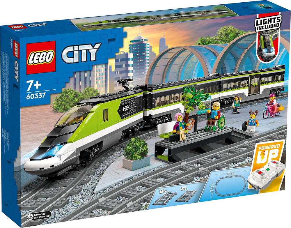 LEGO City Passenger Express Train, set cu tren controlat de la distanță, jucărie feroviară cu faruri, 2 vagoane și 24 de elemente de cale, cadou pentru copii, băieți și fete 60337 Seturi de constructie Besuche den LEGO-Store