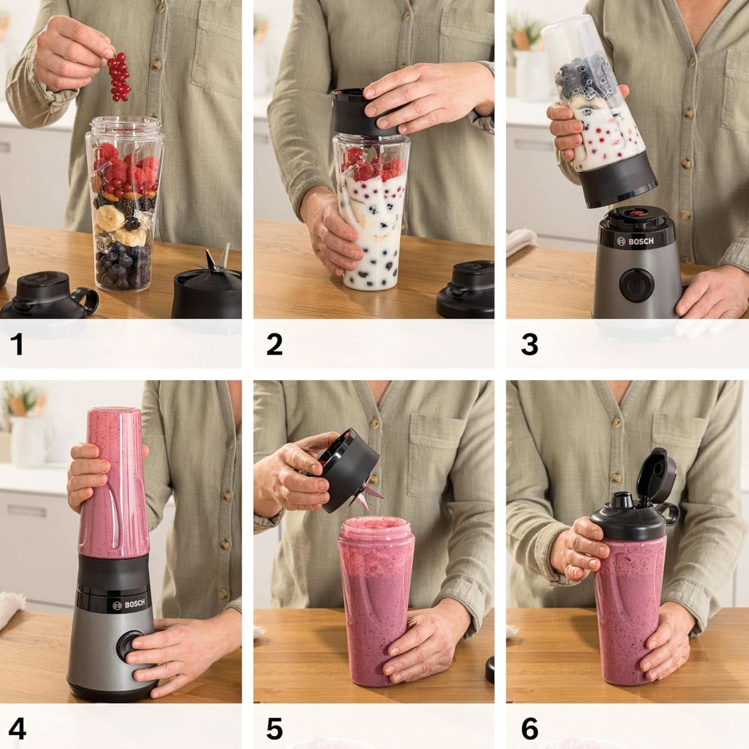 Bosch Mini-Standmixer Vitapower Serie 2 MMB2111S, Highspeed-Mixer, Bis Zu 40.000 Rpm, Tritan Togo-Flasche 0,6 L, Trinkdeckel, Bruchsicher,Spülmasch.Geeignete Teile, 450W, Silber/Schwarz Bucatarie Naty Shop