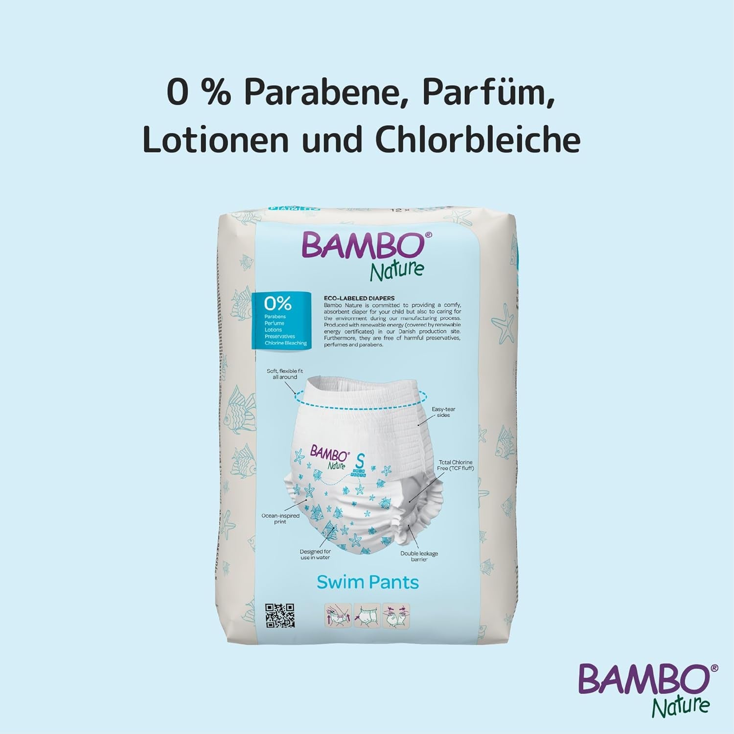 Scutece de înot Bambo Nature pentru bebeluși, mărimea S (7-12 kg), 12 scutece | Scutece de înot de unică folosință cu fixare sigură | Confort etanș în timpul jocului în apă