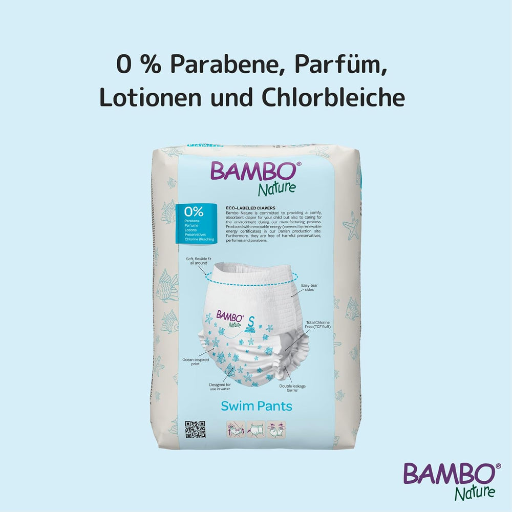 Scutece de înot Bambo Nature pentru bebeluși, mărimea S (7-12 kg), 12 scutece | Scutece de înot de unică folosință cu fixare sigură | Confort etanș în timpul jocului în apă