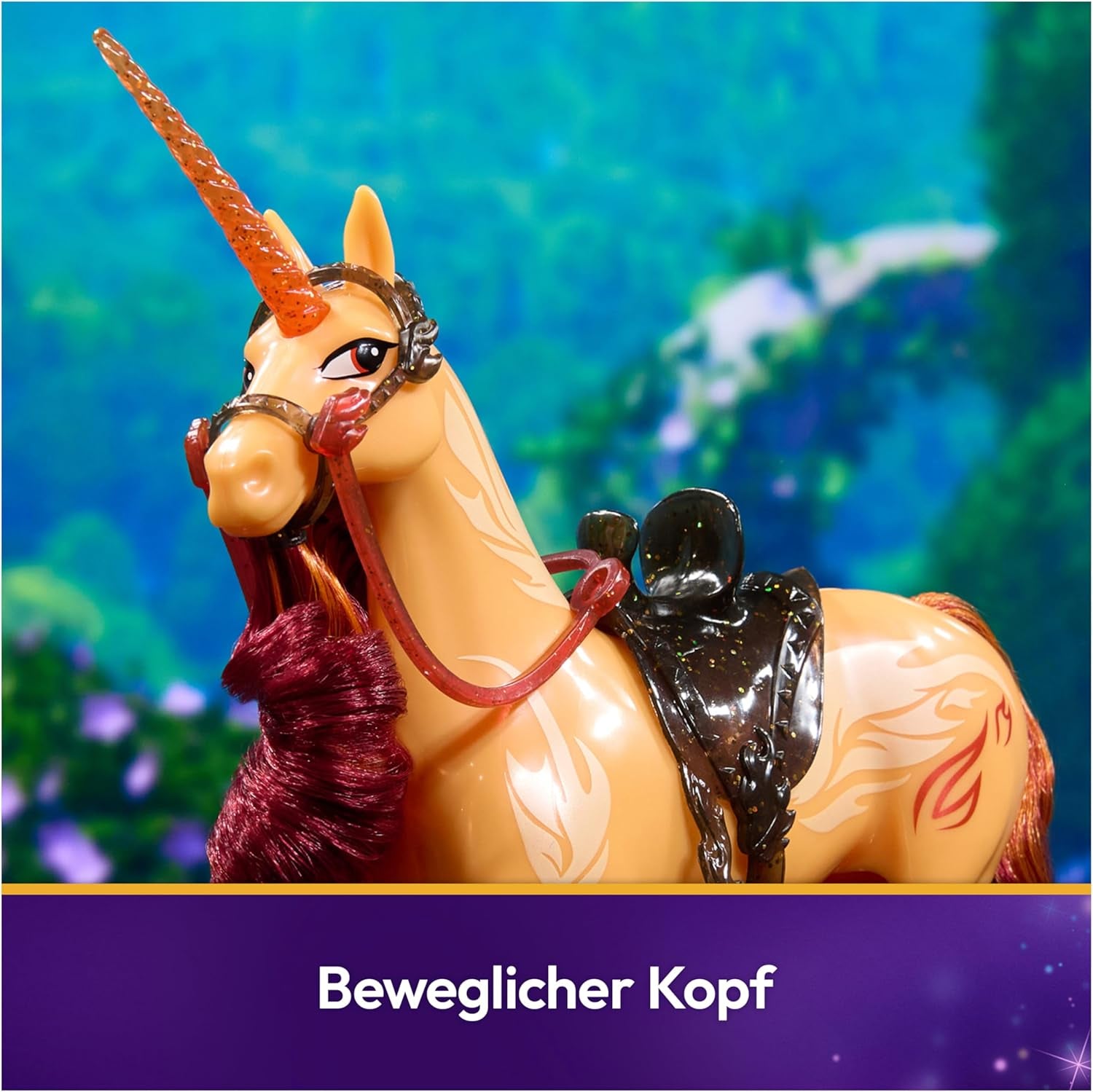 Unicornul Cinder de la Unicorn Academy - 28 cm înălțime, unicorn original de Valentina din serialul Netflix, cu coamă și coadă reale, frâu și șa detașabile și perie, pentru copii cu vârsta de 4 ani și peste