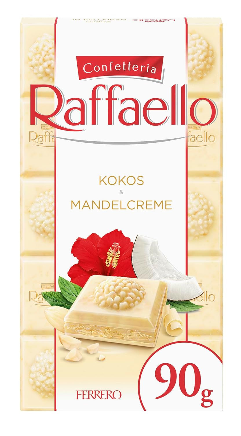 Baton de ciocolată Ferrero Raffaello – Cadou de Ziua Îndrăgostiților pentru el și ea – Ciocolată albă cu cremă de cocos și migdale – 1 baton de ciocolată x 90g