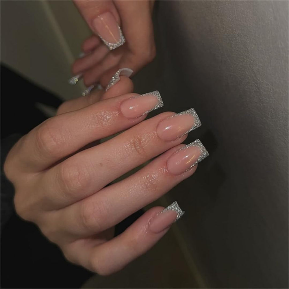 Unghii lungi cu vârf franțuzesc, aurii, cu sclipici, de lipit pe unghii lungi și pătrate, set unghii false cu vârf franțuzesc strălucitor, unghii artificiale pătrate pentru femei, 24 de bucăți