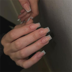 Unghii lungi cu vârf franțuzesc, aurii, cu sclipici, de lipit pe unghii lungi și pătrate, set unghii false cu vârf franțuzesc strălucitor, unghii artificiale pătrate pentru femei, 24 de bucăți