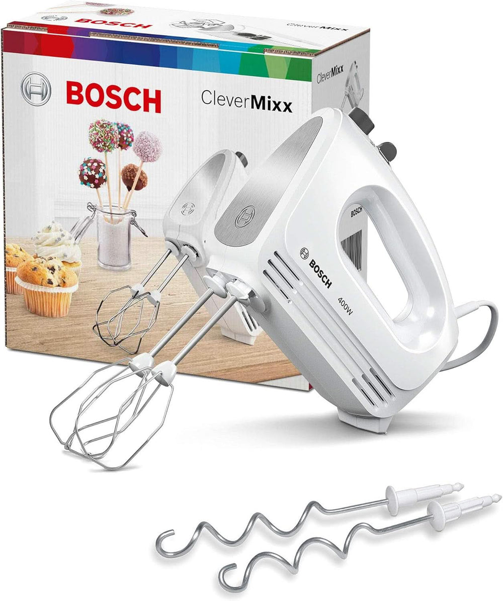 Bosch Hausgeräte Handrührer Clevermixx MFQ24200, 2 Rührbesen, 2 Spülmaschinengeeignet, 4 Stufen, Leicht, Leise, 400 W Weiß/Edelstahl Bucatarie Naty Shop